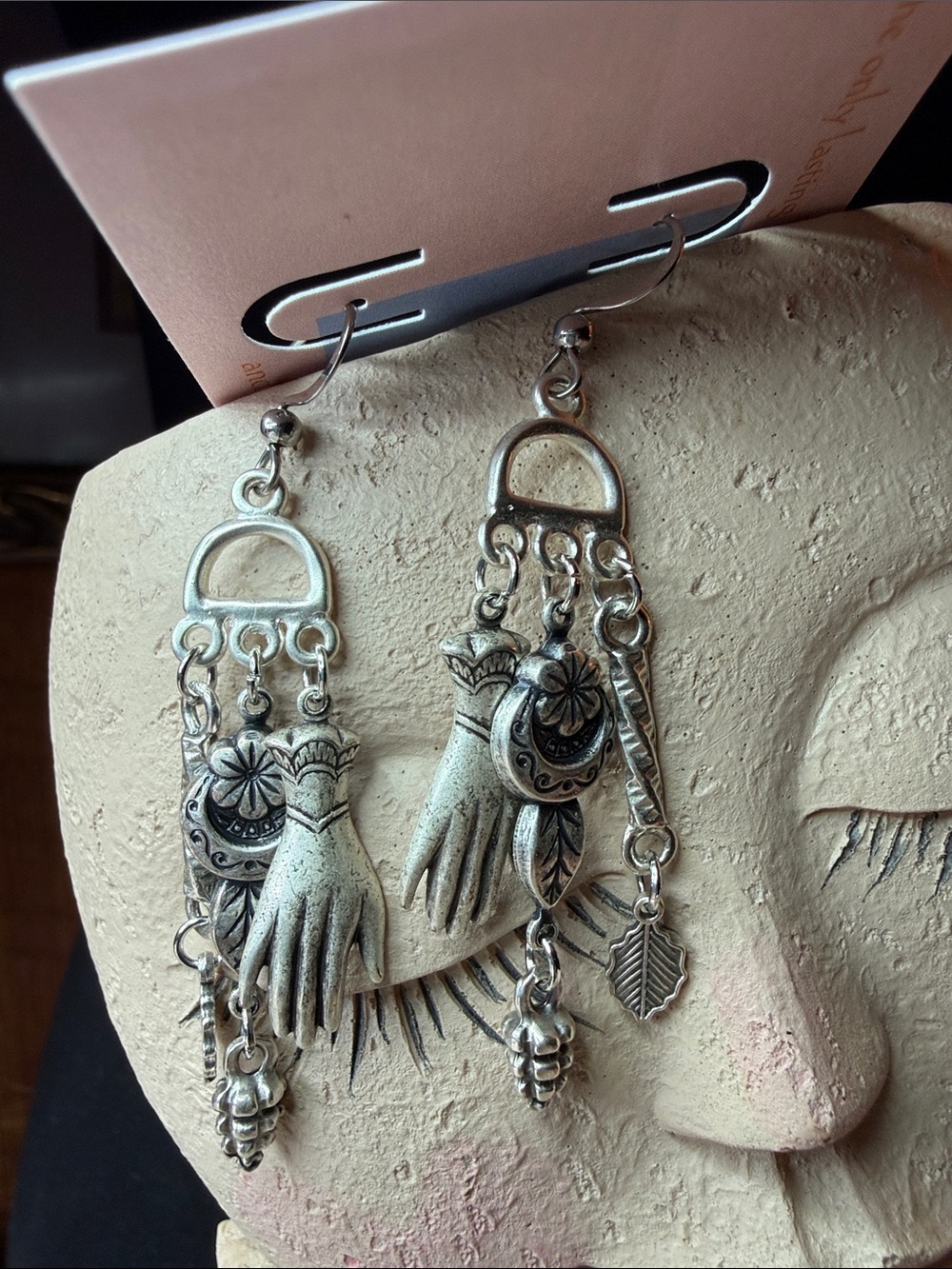 Silver-Tone Vintage Hand Charm Dangle Earrings